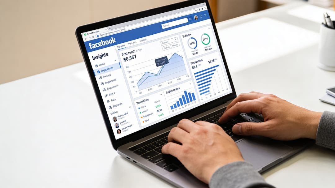 A person working on a laptop displaying a Facebook Insights dashboard with various social media marketing analytics.