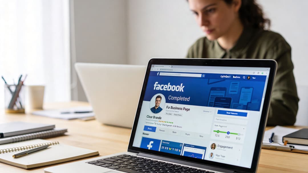 A professional woman working on a laptop displaying a Facebook business page interface on the screen.