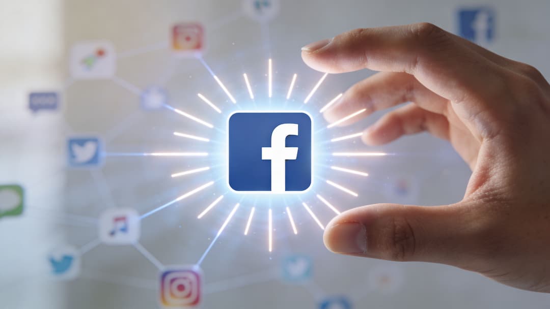 A hand interacting with a glowing Facebook icon amidst a network of various social media logos.