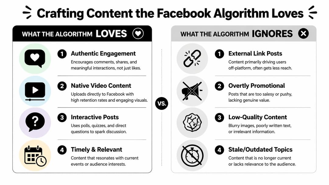 An infographic comparing content types that Facebook's algorithm prefers versus content types that it actively ignores.