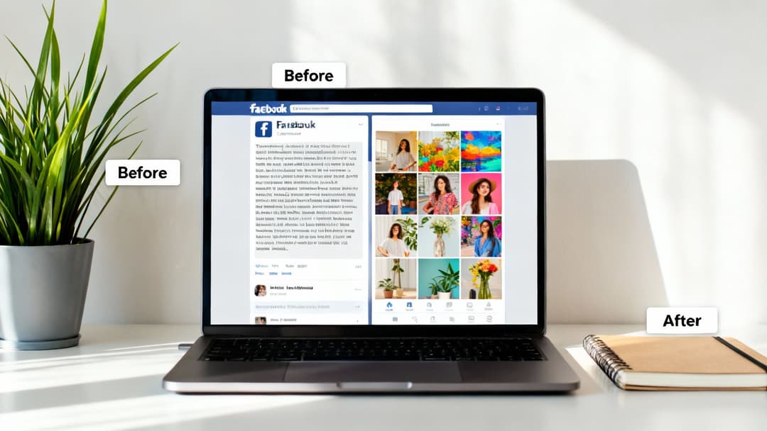 A laptop displaying a social media feed with text and image posts, next to a potted plant and a notebook.