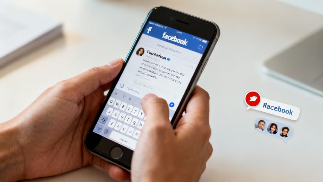 Close-up of hands holding a smartphone open to the Facebook app, showing content and typing.