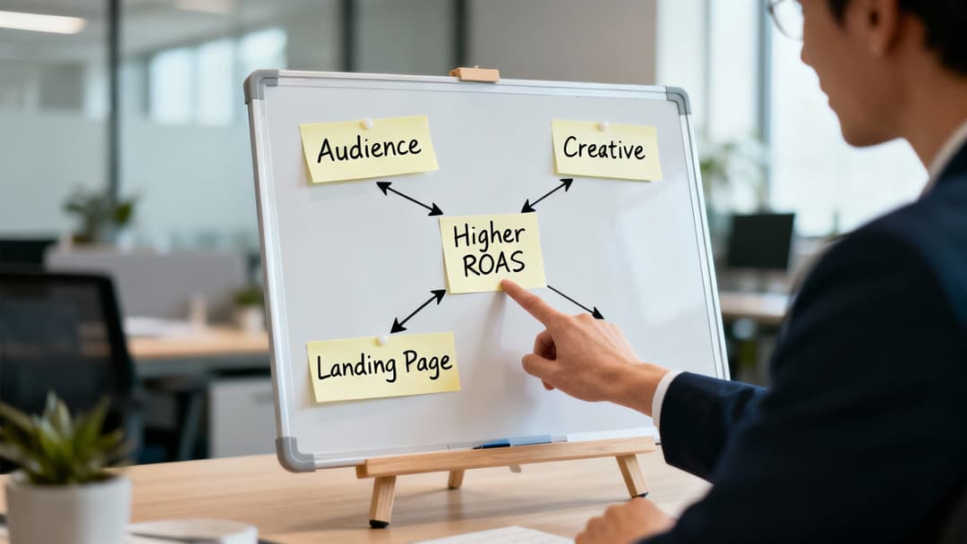A person pointing to a whiteboard explaining factors for higher ROAS: Audience, Creative, and Landing Page.