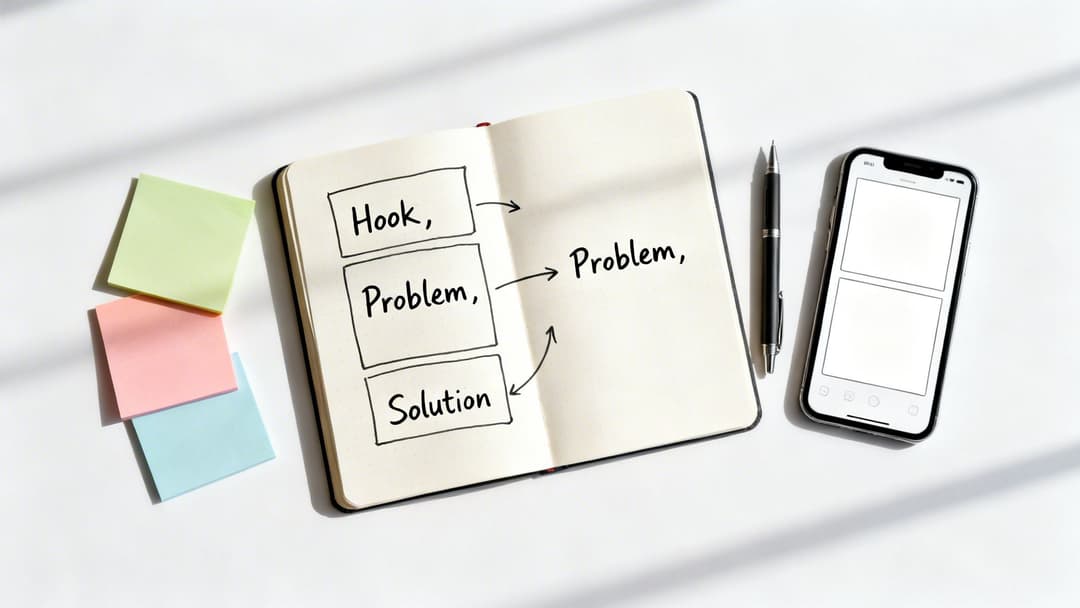 A flat lay of a notebook with a 'Hook, Problem, Solution' diagram, pen, smartphone, and sticky notes, illustrating content planning.