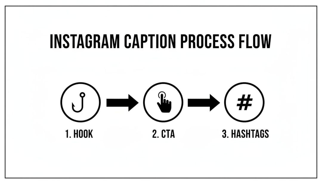 Visual guide outlining the three-step Instagram caption process: hook, call to action, and hashtags.