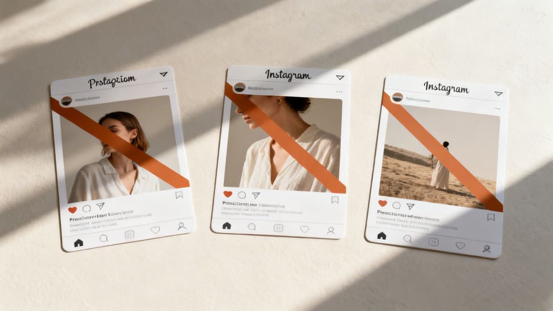 Three Instagram-style cards showing censored photos of women, symbolizing restricted content.