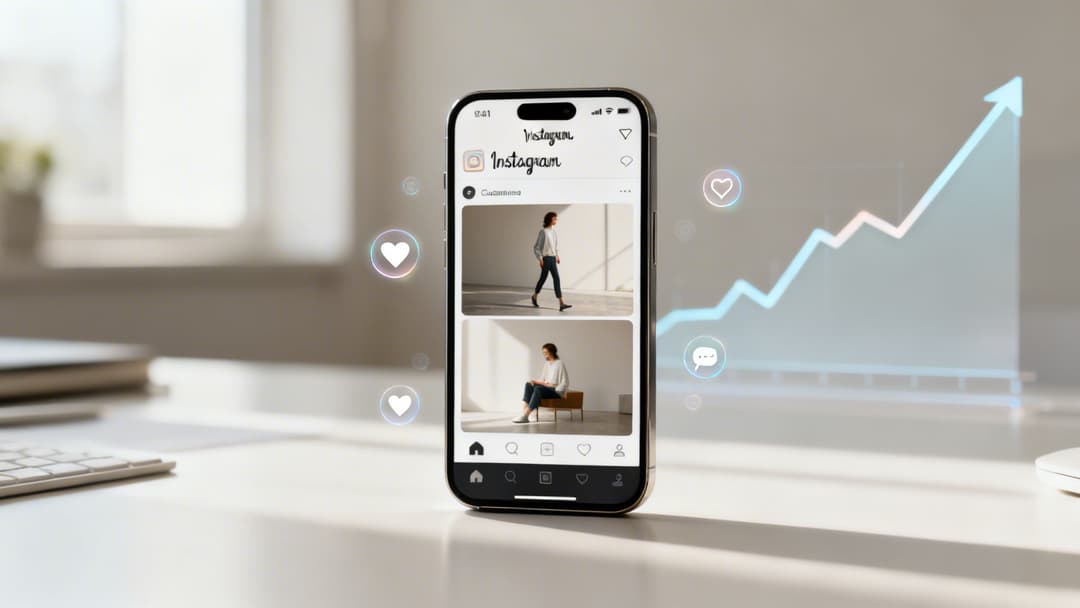 A smartphone displays an Instagram feed with posts of a woman, surrounded by floating engagement icons and a holographic growth chart on a desk.