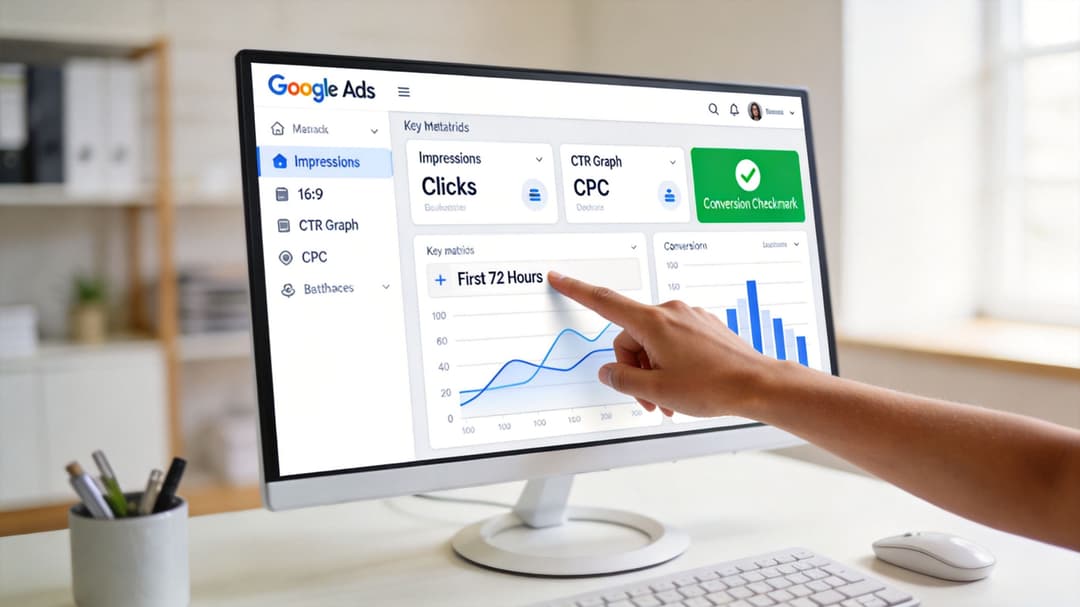 A person pointing at a Google Ads dashboard screen displaying analytics and campaign performance metrics on a computer.
