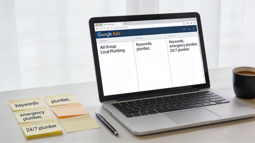 A laptop displaying a Google Ads dashboard next to sticky notes listing plumbing keywords on a desk.