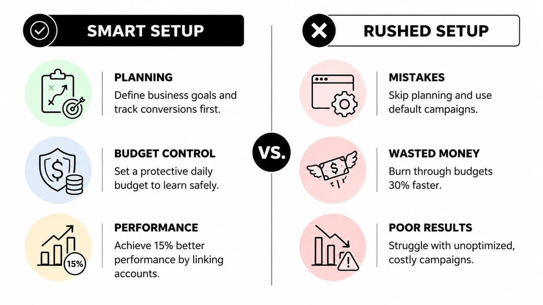 A comparison chart showing the benefits of a smart Google ad setup versus a rushed setup.
