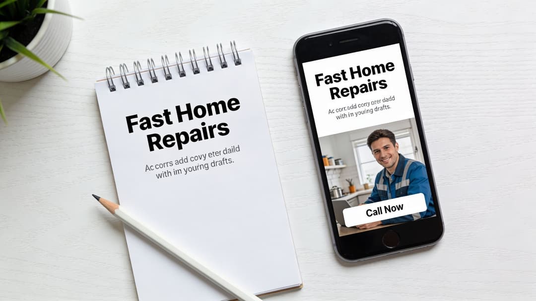 A notepad and a smartphone displaying a professional advertisement for home repair services on a white desk.