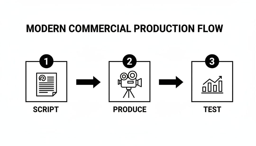 A flowchart illustrates the modern commercial production flow: Scripting, Production, and Testing stages.