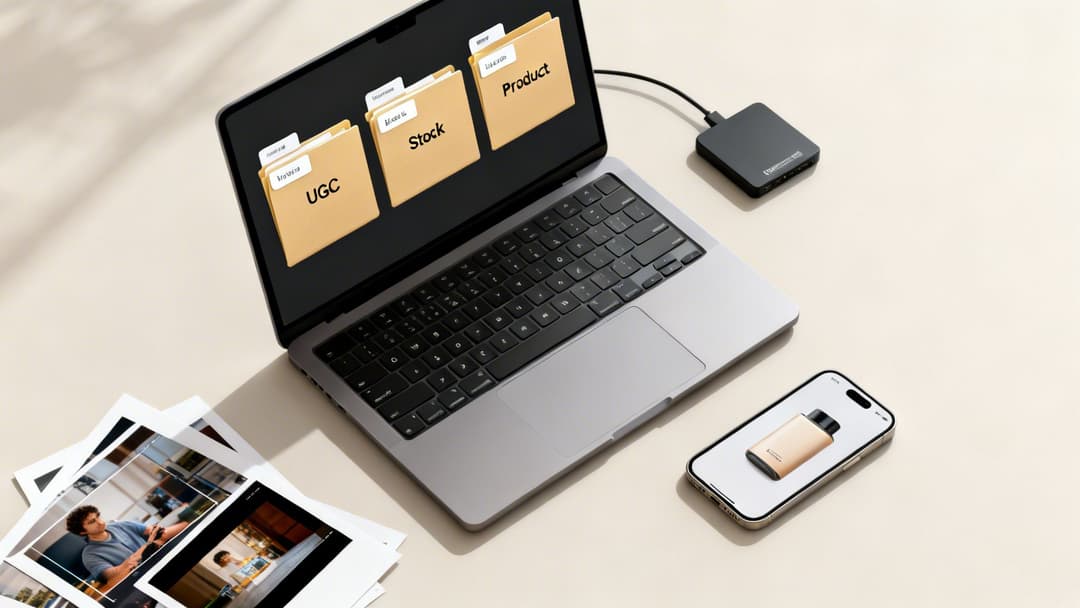 A creative digital workspace with a laptop showing content folders, a USB hub, printed photos, and a smartphone.