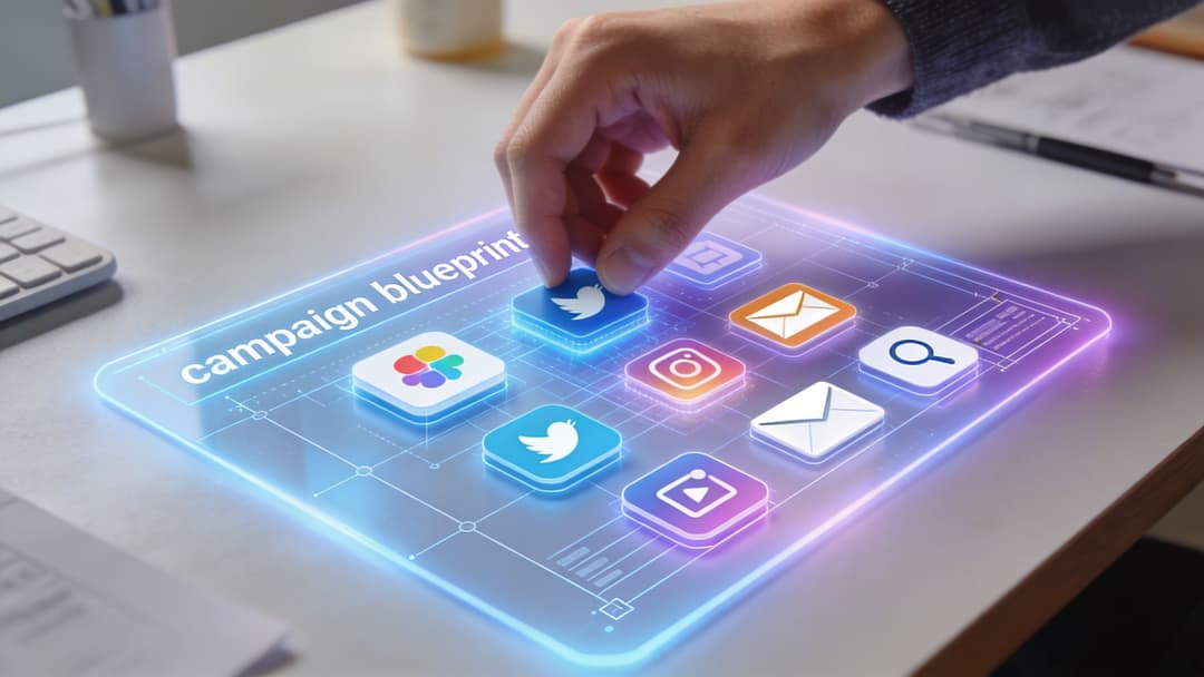 A hand interacting with a holographic interface showing icons for social media and marketing campaign tools.