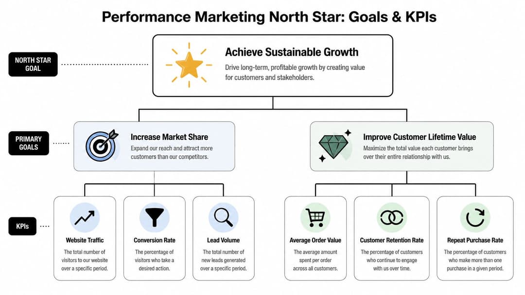 A diagram illustrating a performance marketing strategy with a North Star goal, primary goals, and key performance indicators.