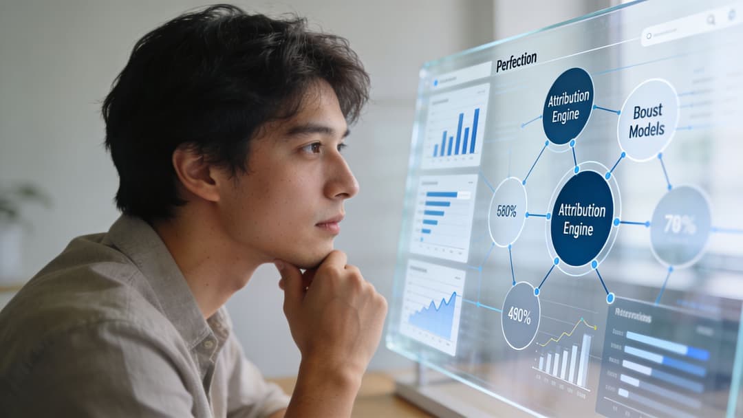 A young man thoughtfully examines an interactive performance marketing data dashboard on a transparent digital display.