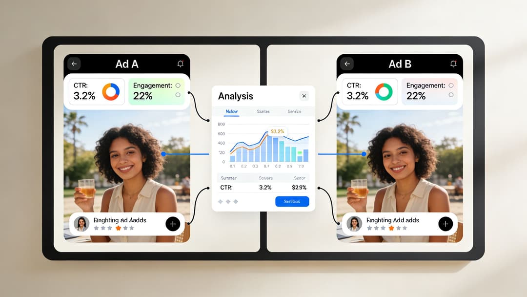 A split-screen comparison of two identical digital advertisements being evaluated by a central performance analysis chart.