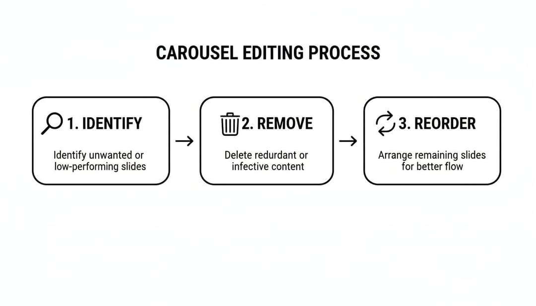 A flowchart illustrating the carousel editing process with three steps: identify, remove, and reorder slides for better flow.