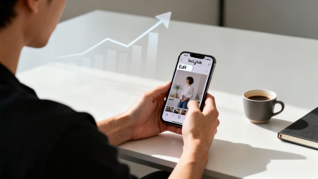 Person viewing Instagram profile on smartphone with an 'Edit' button, overlaid with a growth chart.