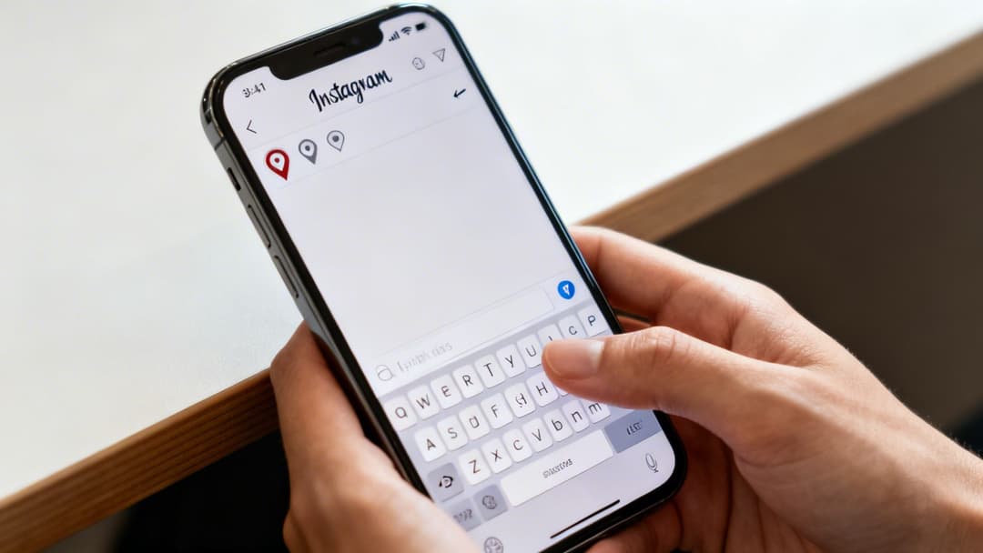 Close-up of hands holding an iPhone with the Instagram app, showing location pins and a keyboard.