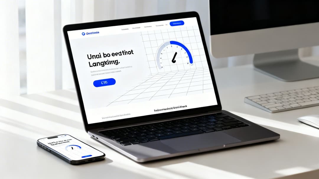 A laptop and smartphone display a website with a speed test gauge, alongside a desktop setup.