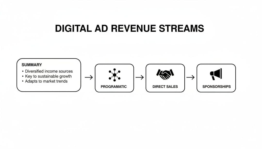 A diagram illustrating digital ad revenue streams: Programmatic, Direct Sales, and Sponsorships, with a summary.