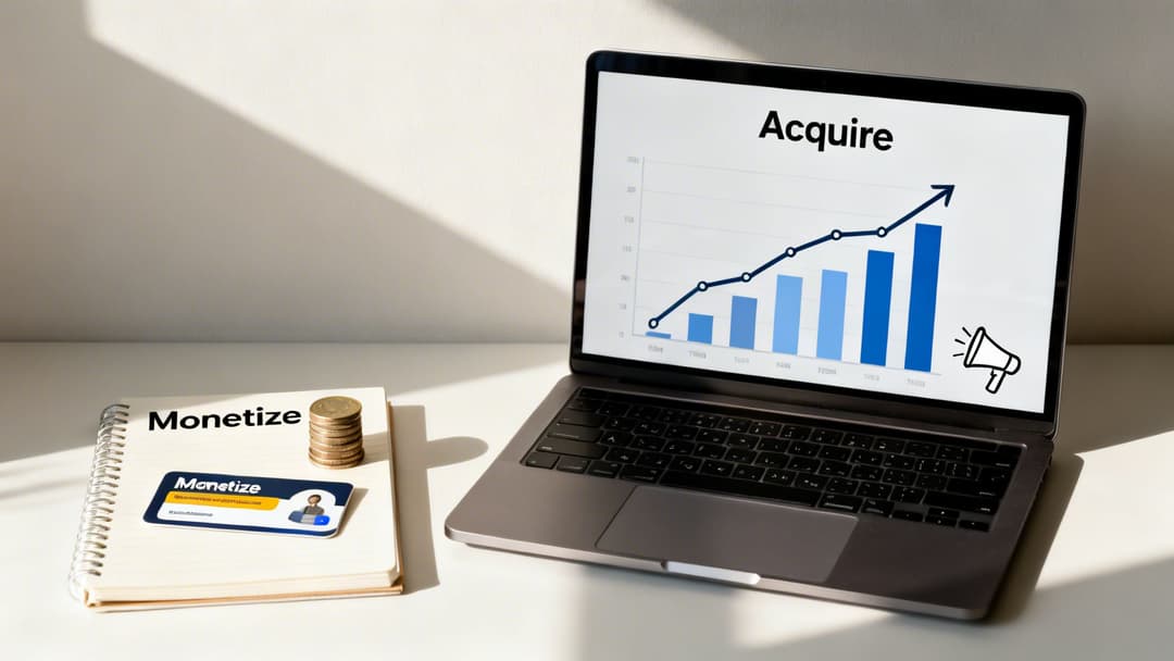 A laptop screen displays a growth chart with 'Acquire', beside a notebook with 'Monetize' and coins.