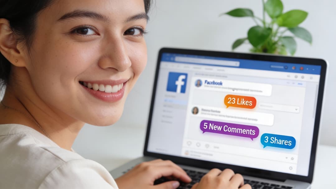 A smiling young woman using a laptop showing social media engagement statistics on a Facebook feed.