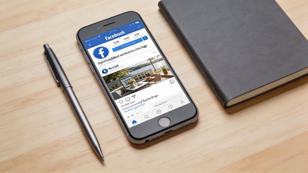 A smartphone displaying a Facebook business page, resting on a wooden desk next to a pen and notebook.