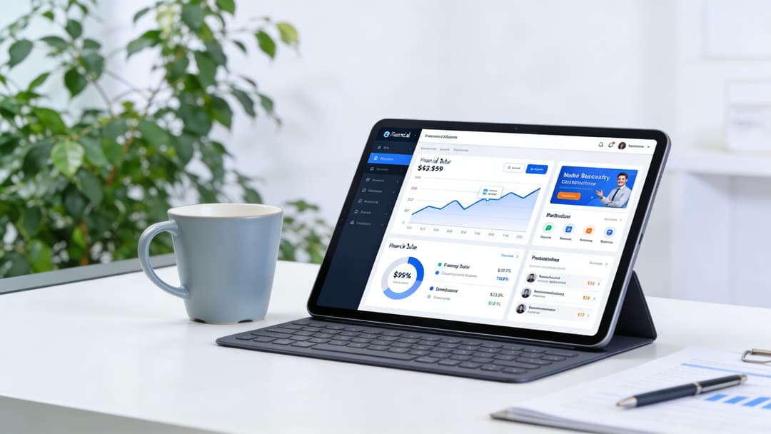 A tablet on a desk displays a financial dashboard with charts and data alongside a coffee mug.