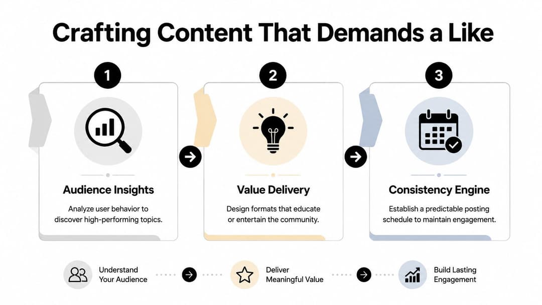 A three-step infographic showing how to create engaging content through audience research, value delivery, and consistency.