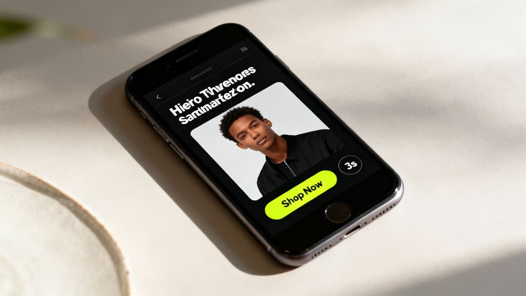 Close-up of a black smartphone showing a fashion ad with a male model and a bright green 'Shop Now' button.