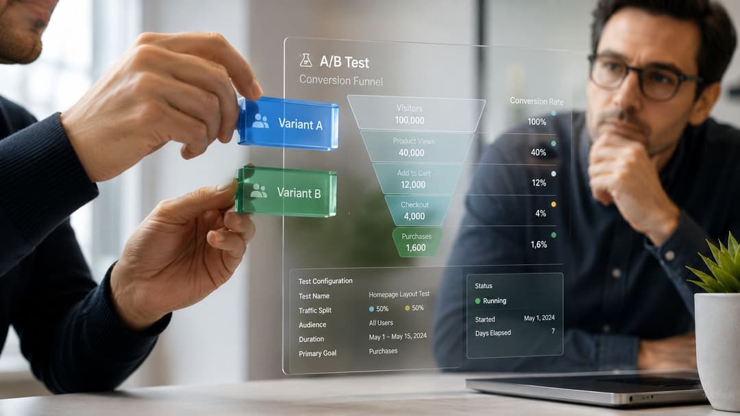 Two professionals analyze an A/B test conversion funnel dashboard displayed on a transparent digital screen.