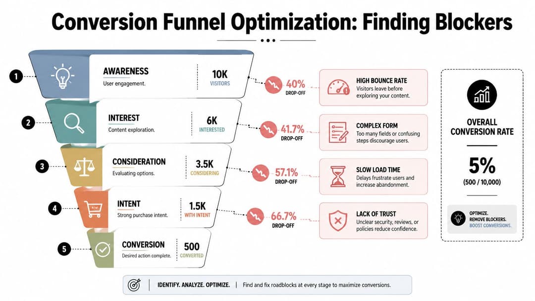 A conversion funnel diagram illustrating how to identify and remove user drop-off blockers to increase sales.