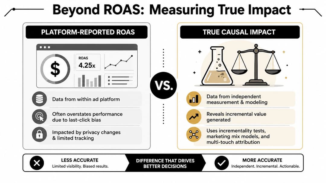 A comparison infographic between platform-reported ROAS and true causal impact in digital advertising measurement.