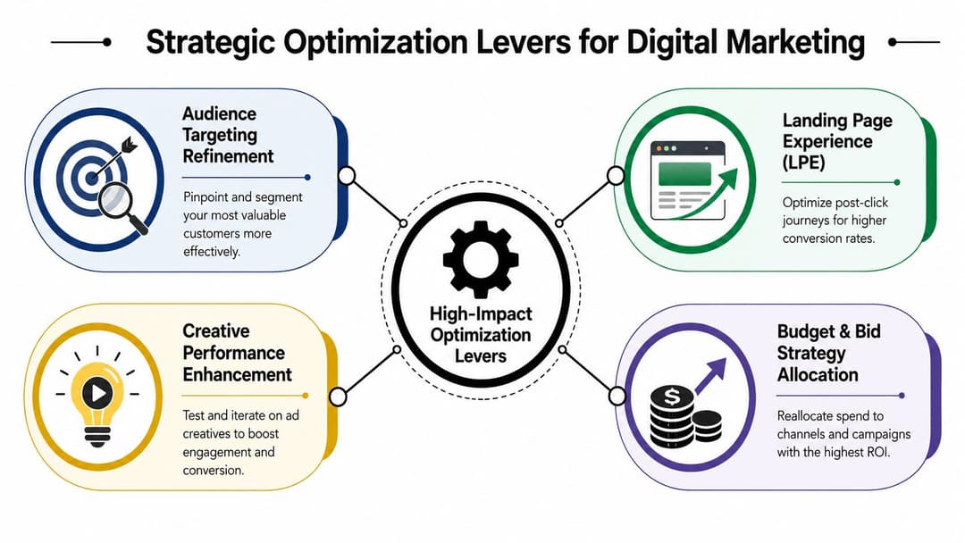 A diagram illustrating four strategic optimization levers for digital marketing, including audience targeting, creative performance, landing page experience, and budget.