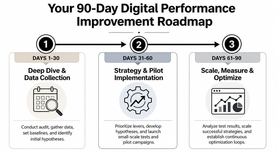 A 90-day digital performance improvement roadmap divided into three monthly phases: data collection, strategy implementation, and scaling.
