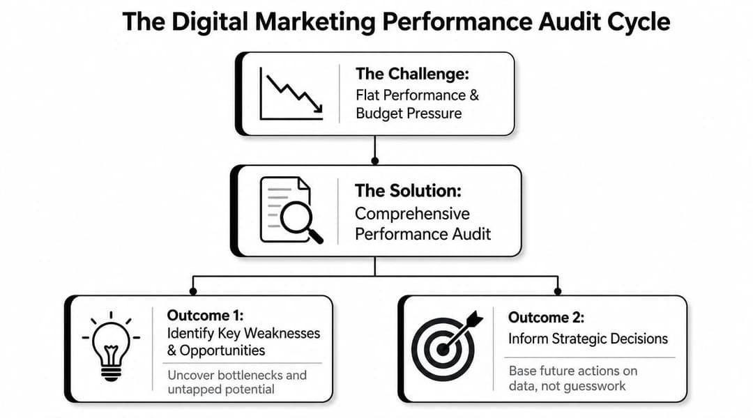 A flowchart diagram illustrating the Digital Marketing Performance Audit Cycle process from problem to strategic outcomes.