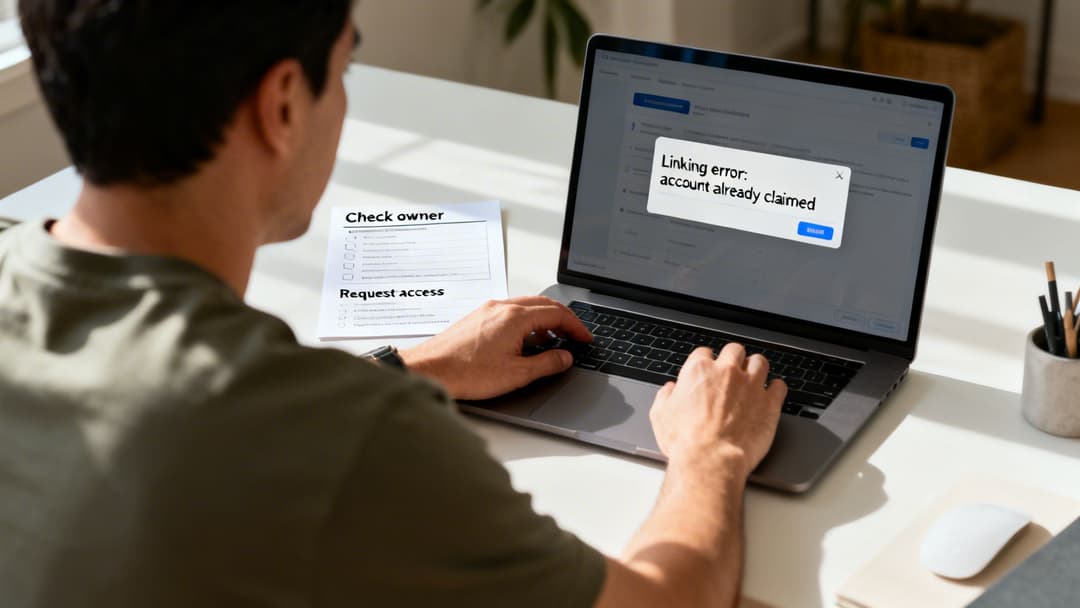 A person types on a laptop displaying a 'linking error' message about an already claimed account.