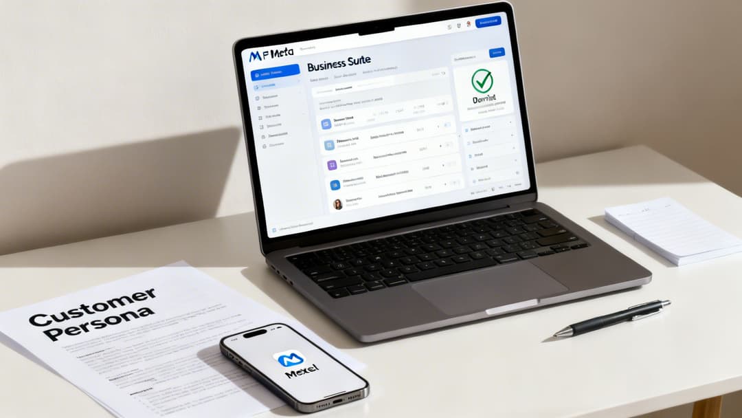 A modern workspace with a laptop showing a business suite, smartphone, customer persona document, and office supplies.
