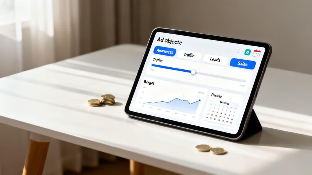 Close-up of a tablet displaying an ad campaign dashboard with awareness, traffic, leads, and sales options.