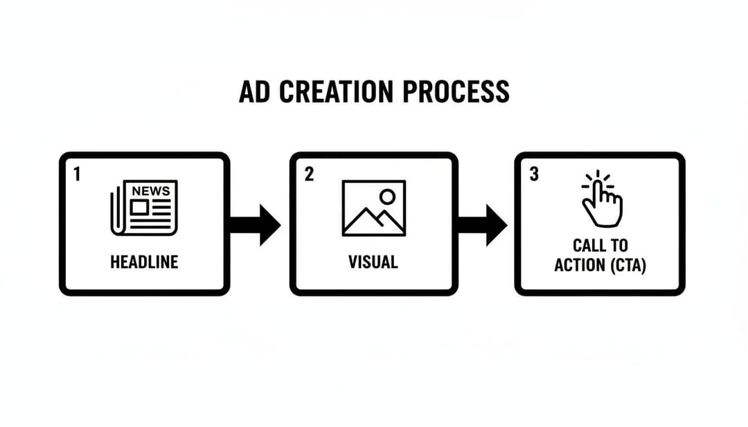 A black and white diagram illustrating the three steps of the ad creation process: Headline, Visual, and Call to Action (CTA).