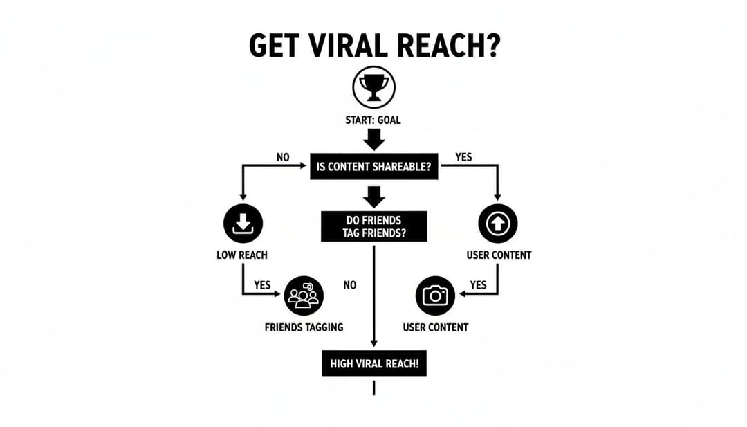 Flowchart illustrating steps to achieve viral reach through shareable content and friend tagging.
