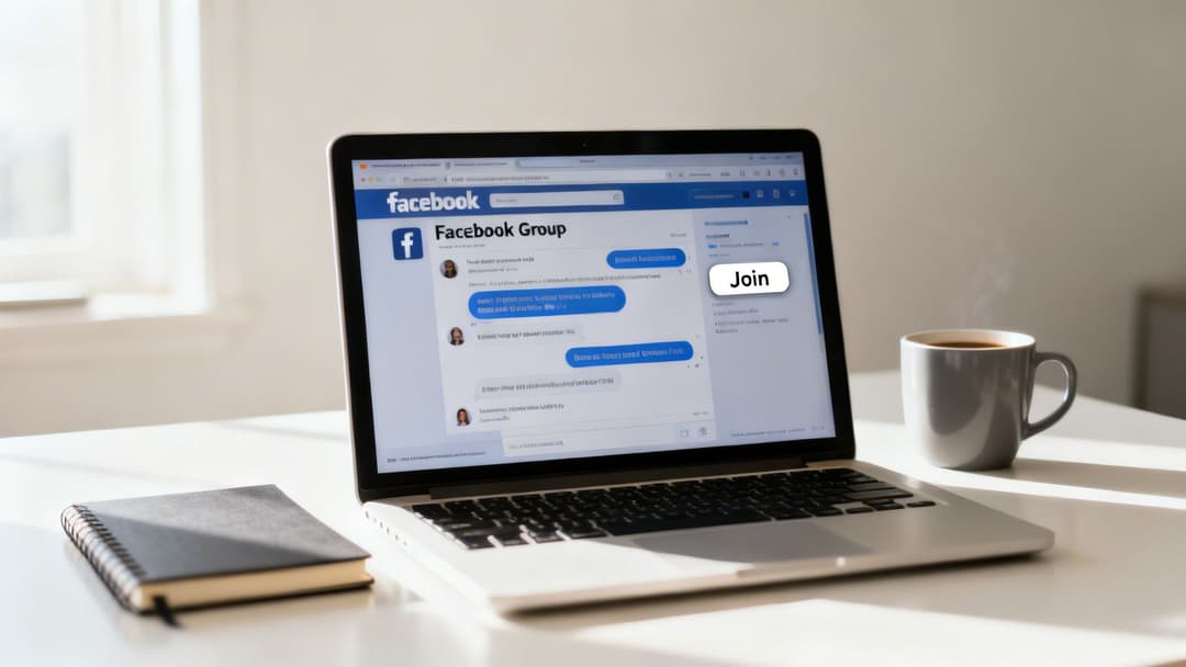 A laptop displaying a Facebook Group page with a 'Join' button, a coffee cup, and a notebook.