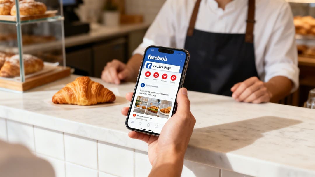 Customer holding a smartphone displaying a social media feed with food photos at a bakery counter.