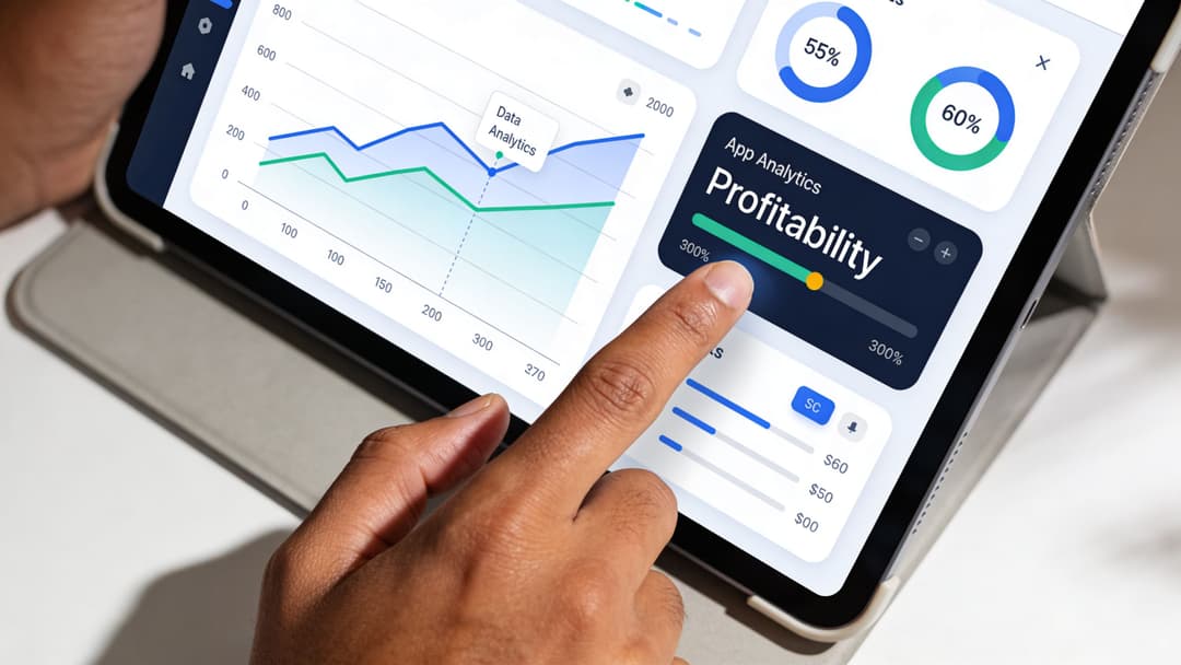 A close-up shot of a person's hand using a tablet to view app analytics and profit data.
