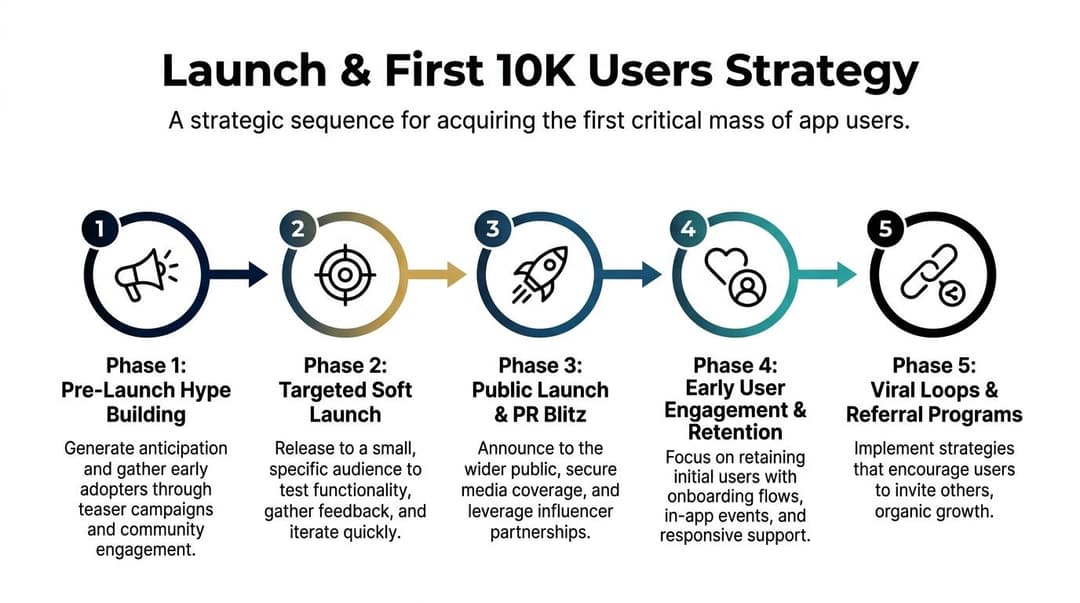 A five-phase strategic roadmap for acquiring the first ten thousand app users, from pre-launch to viral growth.