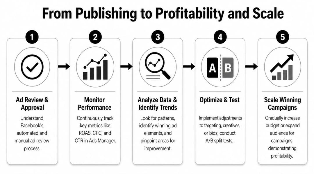 A five-step infographic showing the process from publishing Facebook ads to scaling profitable marketing campaigns.