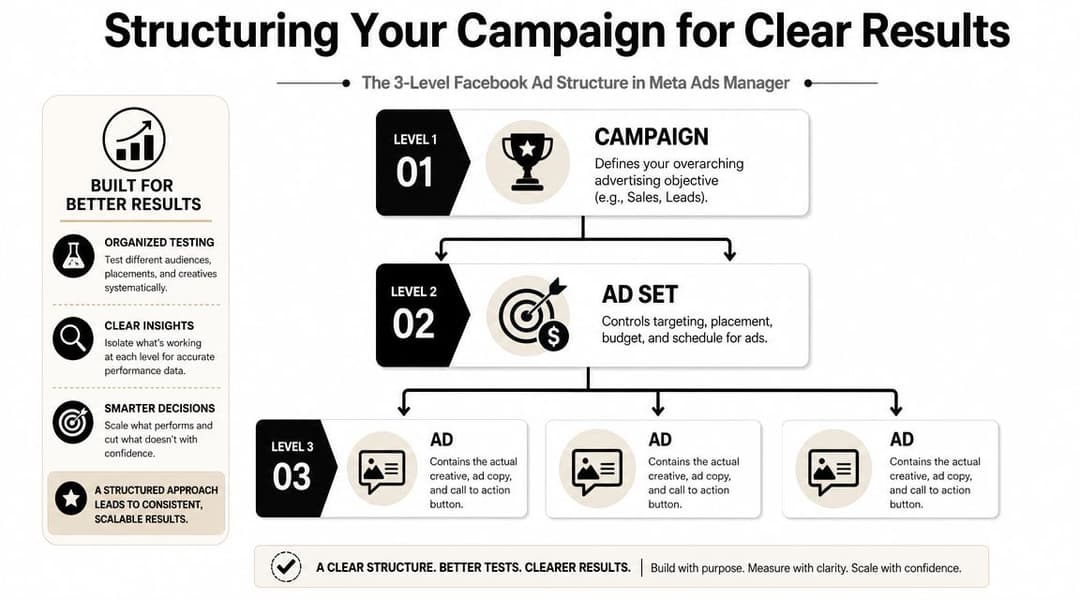 A diagram explaining the three-level Facebook ad structure including campaign, ad set, and ad levels.