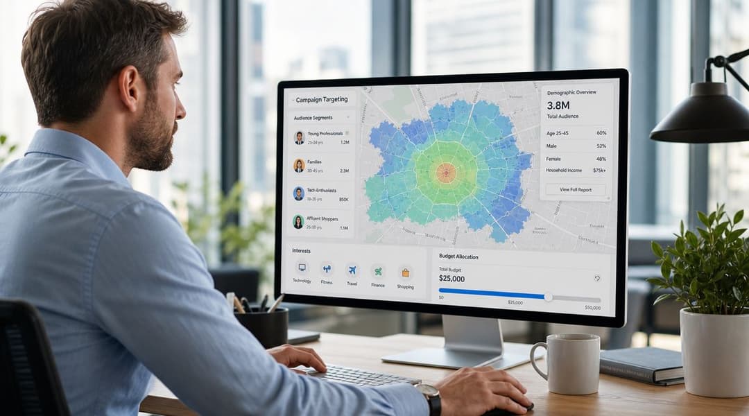 A professional man analyzing digital marketing campaign targeting data on his computer screen in an office.